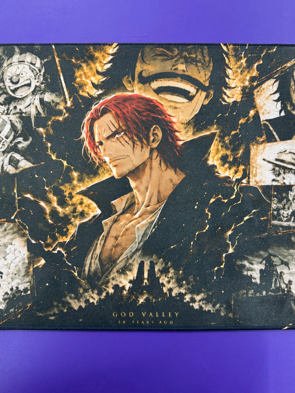 Red Haired Emperor God Valley Anime Micro Velvet Playmat Black Gold 24x14 Premium Stitched TCG Gaming Mat