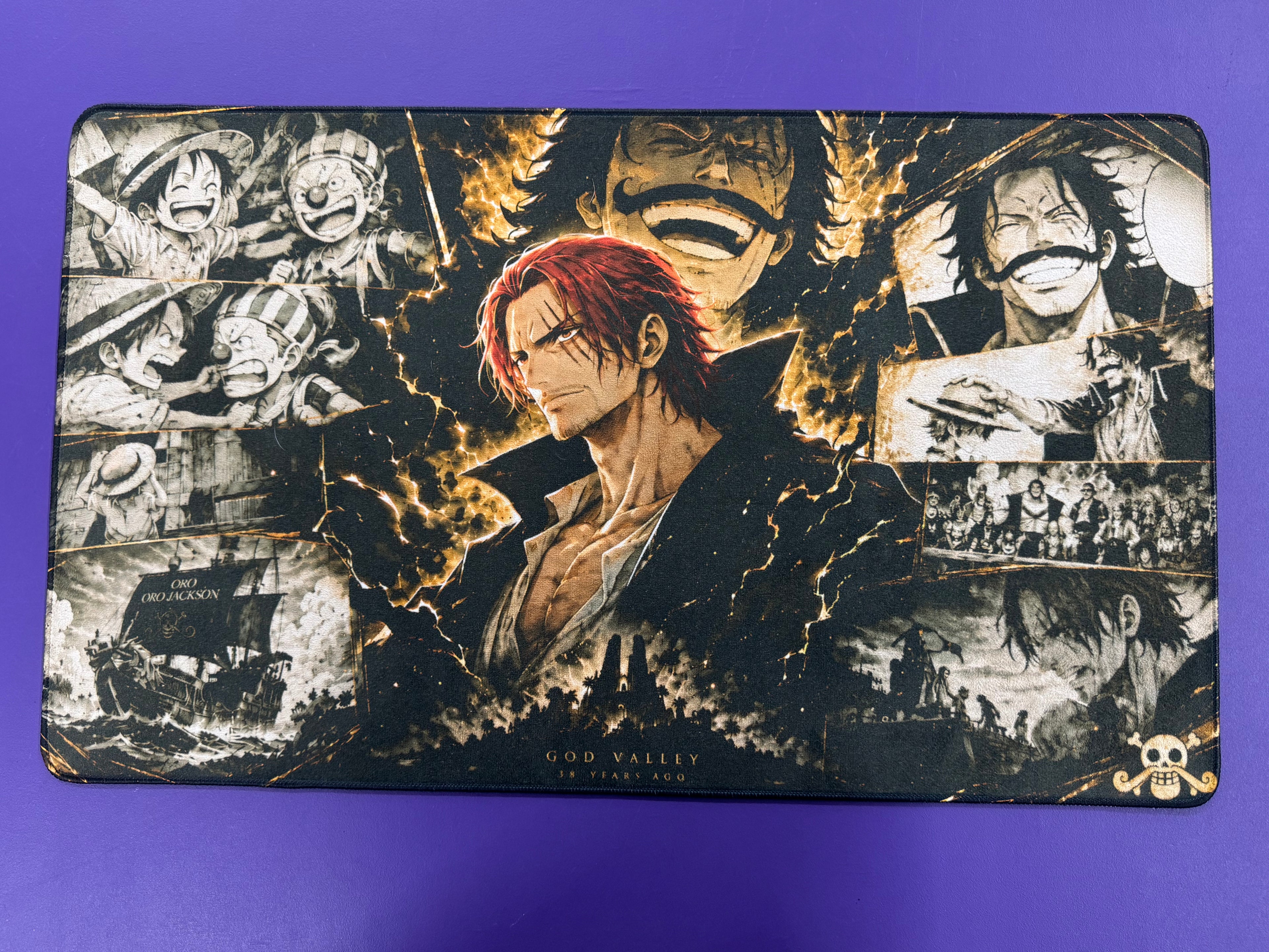 Red Haired Emperor God Valley Anime Micro Velvet Playmat Black Gold 24x14 Premium Stitched TCG Gaming Mat